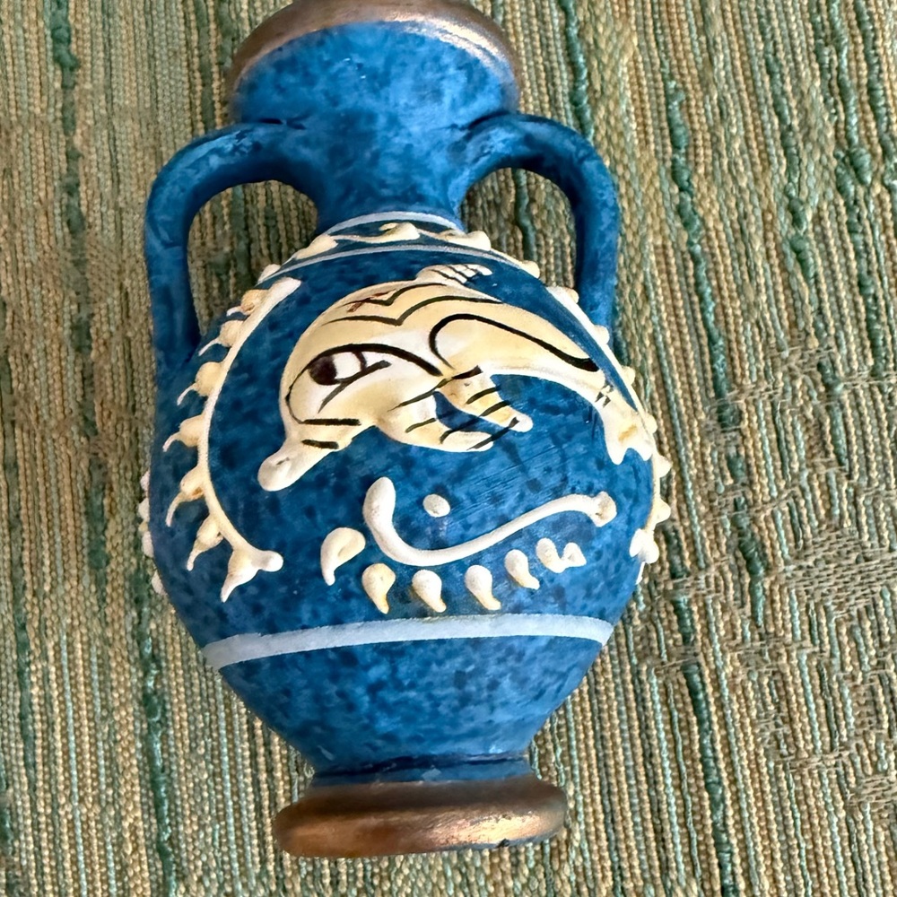 Japanese Style Vase Vintage Retro Accent Artwork Blue Gold White Ocean - Picture 2 of 8